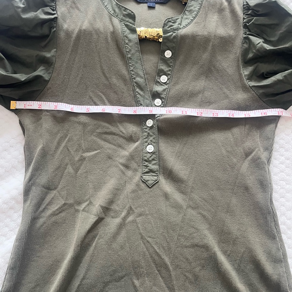 Veronica Beard Effy Woven Puff Sleeve Rib Top Olive Green - Picture 6 of 10